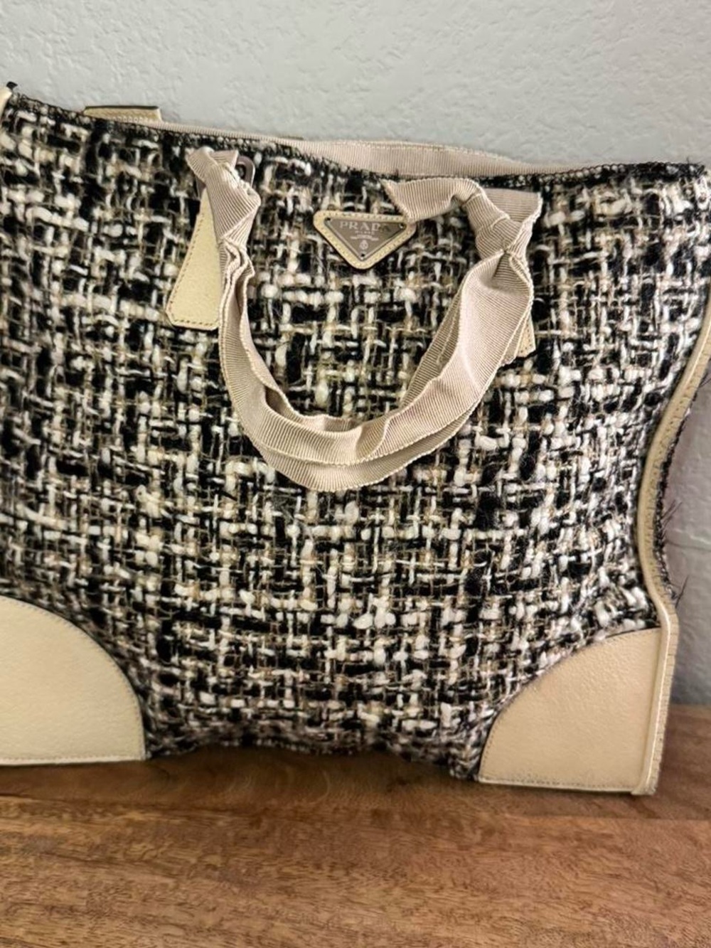 Prada Black and Cream Tweed Tote with Cream Leather Trim